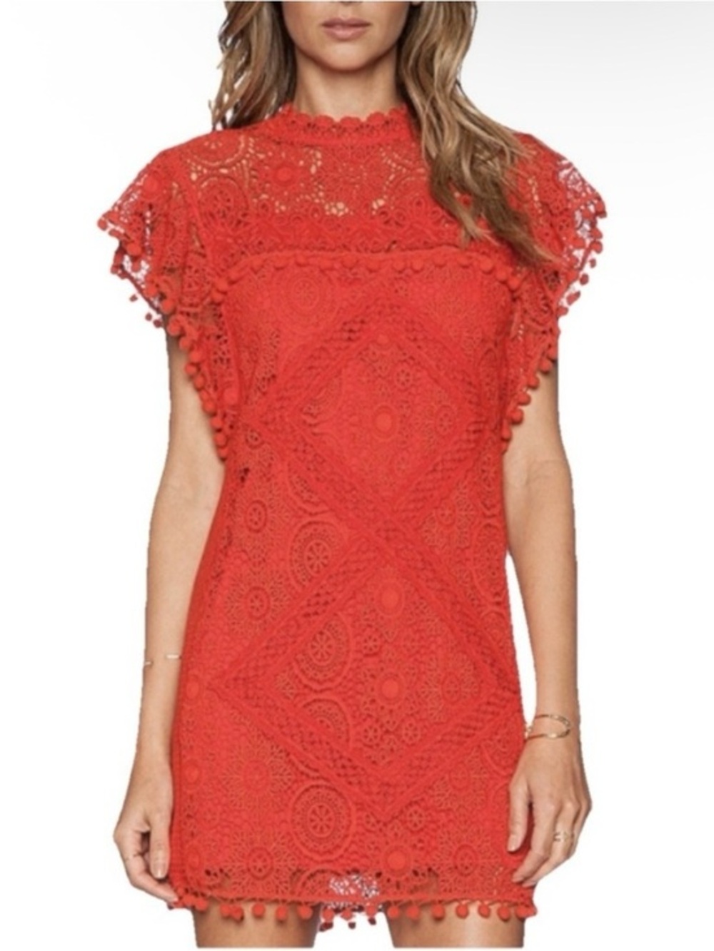 Tularosa Clayton‎ Pom Pom Crochet Mini Dress Red Women's Size Medium